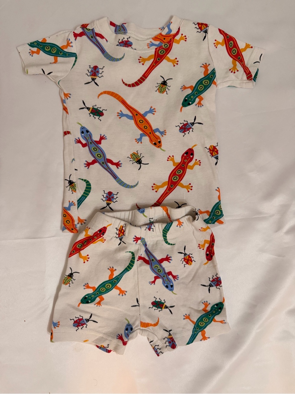 Place White Pajama Set with Colorful Lizard & Bug Print